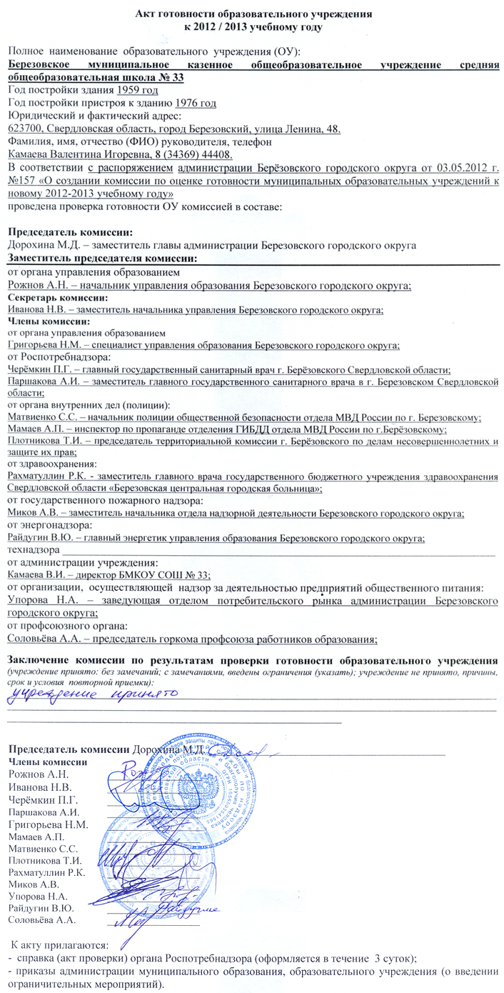 Акт готовности кабинетов к новому учебному году образец заполнения